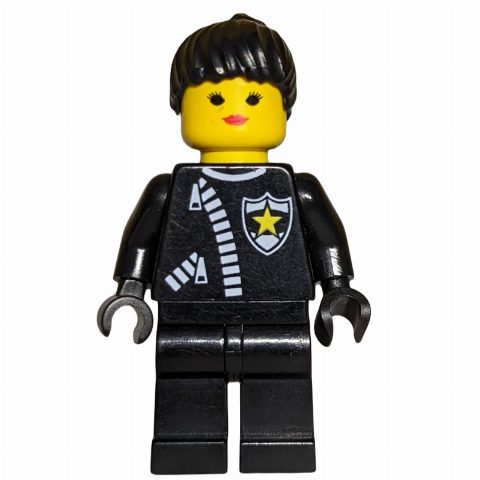 Minifigurka Policewoman, Black Jacket with Zipper and Badge, Black Hair