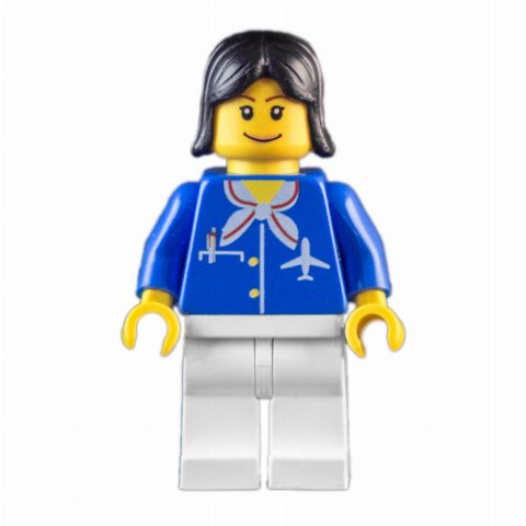 Minifigurka Airline Worker, Woman, Blue Jacket with Plane Logo and White Scarf, White Legs, Black Hair, Pink Lips