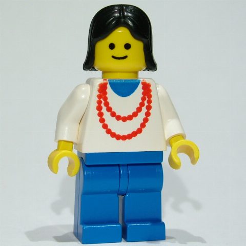 Minifigurka Woman, White Top with Red Necklace, Blue Legs, Black Hair (3626b Head)