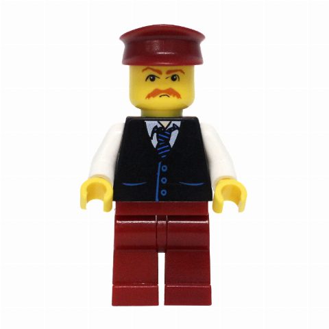 Minifigurka Man, Black Vest over White Shirt with Tie, Dark Red Legs, Dark Red Hat, Moustache
