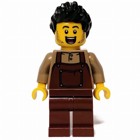 Minifigurka Dark Tan Torso, Reddish Brown Apron, Black Hair