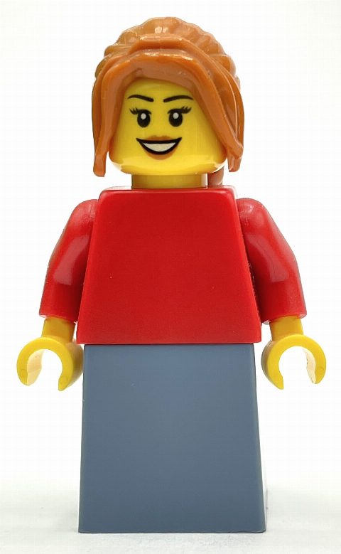 Minifigurka Woman, Red Torso, Sand Blue Skirt