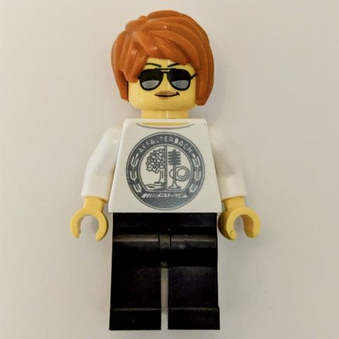 Minifigurka Race Driver - White Torso, Black Legs, Dark Orange Hair
