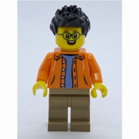 Minifigurka Man, Open Orange Jacket over Light Blue Shirt, Black Hair, Glasses