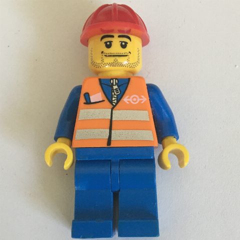 Minifigurka Worker - Orange Safety Vest, Blue Legs, Red Helmet, Stubble Beard
