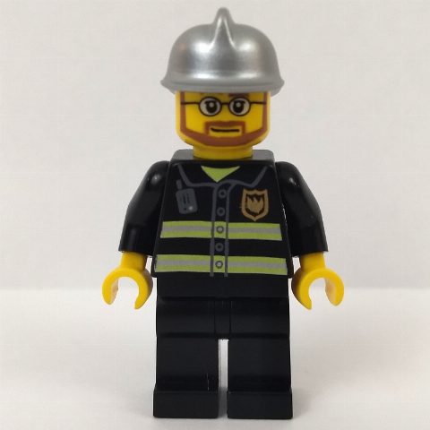 Minifigurka Fireman, Black Fire Jacket with Reflective Stripes, Radio, and Badge, Silver Helmet, Beard and Glasses
