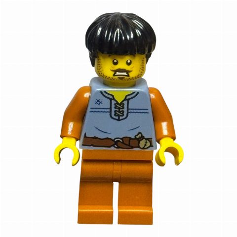 Minifigurka Cart Driver, Sand Blue Torso, Dark Orange Legs, Black Hair
