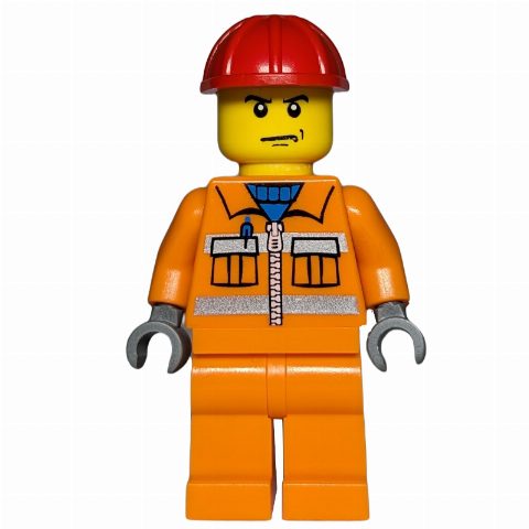 Minifigurka Construction Worker, Orange Jacket with Zipper and Reflective Stripes, Orange Legs, Red Hard Hat