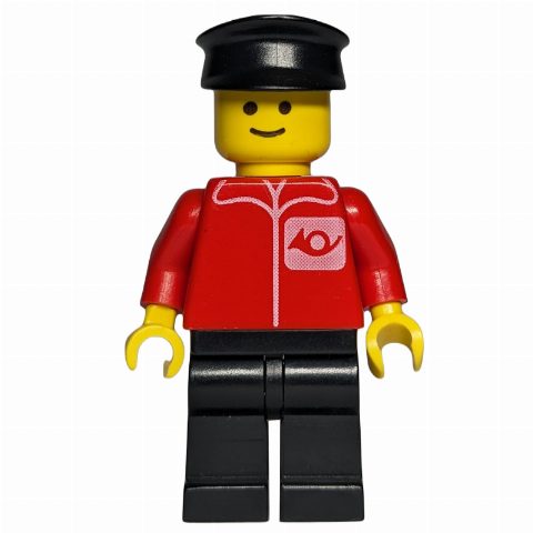 Minifigurka Postal Worker, Red Shirt with Horn Logo, Black Legs, Black Hat (3626a Head)