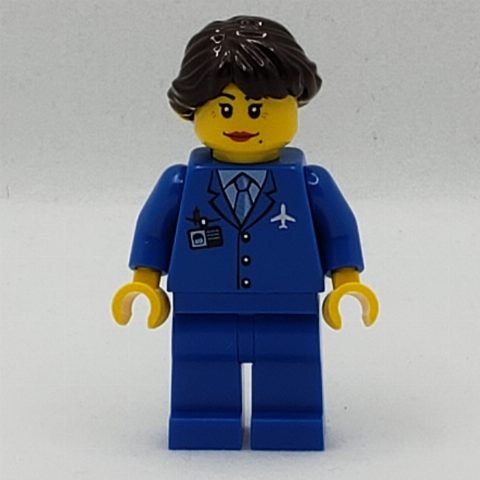 Minifigurka Pilot, Woman, Blue Jacket with Plane Logo and Blue Tie, Blue Legs, Dark Brown Hair