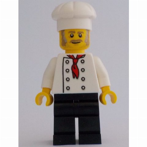 Minifigurka Chef - White Torso, Black Legs, White Hat, Light Bluish Grey Sideburns