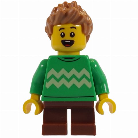 Minifigurka Kid, Bright Green Torso, Reddish Brown Legs, Medium Nougat Hair