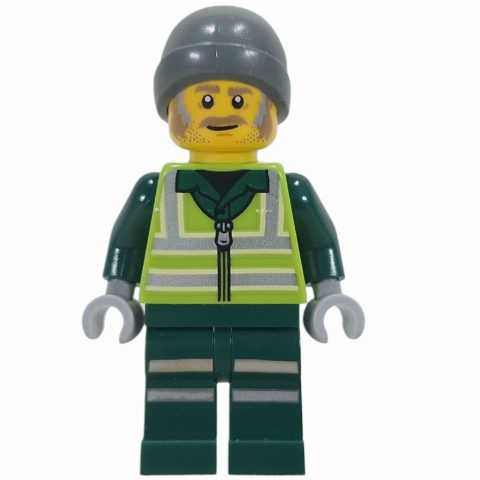 Minifigurka Recycling Worker, Lime Safety Vest, Dark Green Legs, Dark Bluish Grey Beanie
