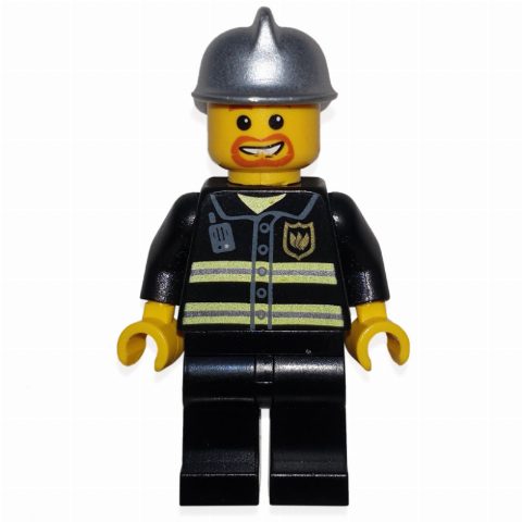 Minifigurka Fireman, Black Fire Jacket with Reflective Stripes, Radio, and Badge, Silver Helmet, Goatee Beard