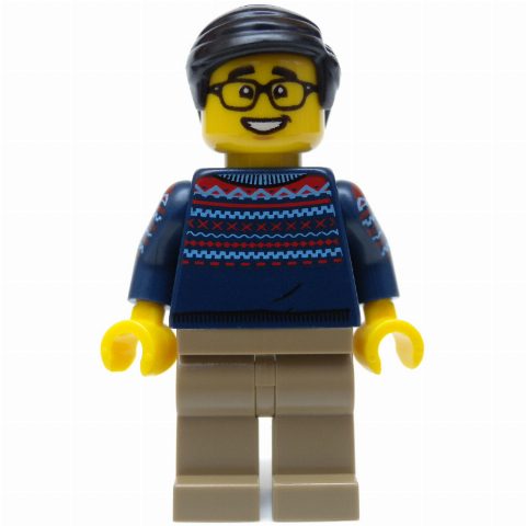 Minifigurka Dark Blue Torso, Tan Legs, Black Hair