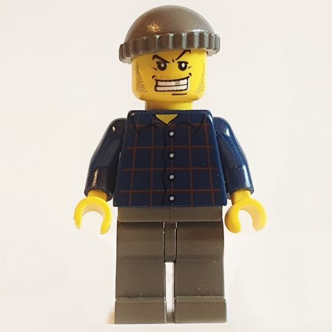 Minifigurka Criminal, Dark Blue Plaid Shirt, Dark Gray Hat, Gold Tooth