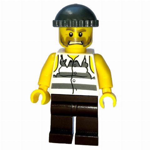 Minifigurka Criminal, Torn Prison Shirt, Dark Brown Legs, Dark Bluish Gray Hat