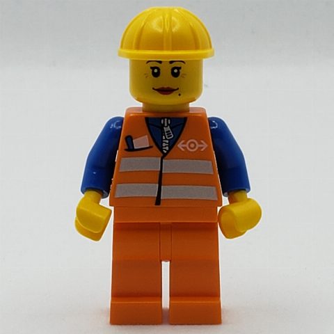 Minifigurka Train Worker, Woman, Orange Safety Vest with Train Logo, Orange Legs, Yellow Hard Hat