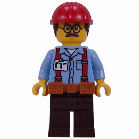 Minifigurka Construction Worker, Ted Brickle, Bright Light Blue Shirt, Reddish Brown Legs, Dark Orange Belt, Red Helmet