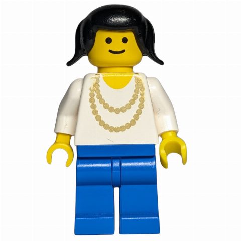 Minifigurka Woman - White Torso, Yellow Necklace, Blue Legs