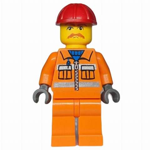 Minifigurka Train Worker - Orange Safety Vest, Orange Legs, Red Helmet