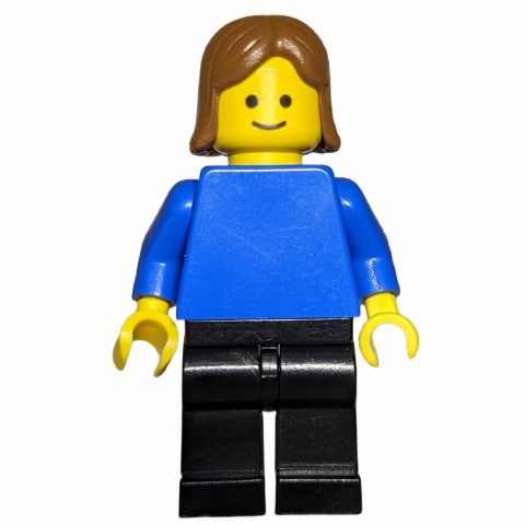Minifigurka Woman, Blue Torso, Black Legs, Medium Brown Hair