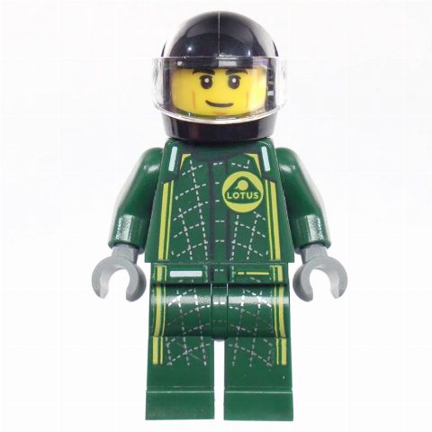 Minifigurka Race Driver, Dark Green Lotus Racing Suit, Black Helmet