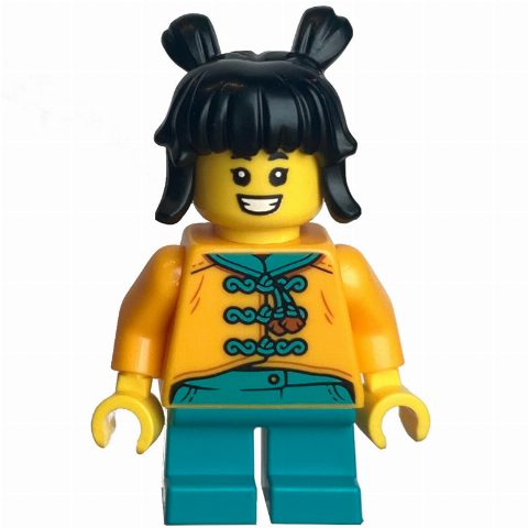 Minifigurka Kid - Bright Light Orange Torso, Dark Turquoise Legs, Black Hair