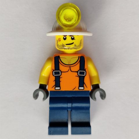 Minifigurka Miner, Orange Vest with Suspenders, Mining Hat, Stubble and Scar