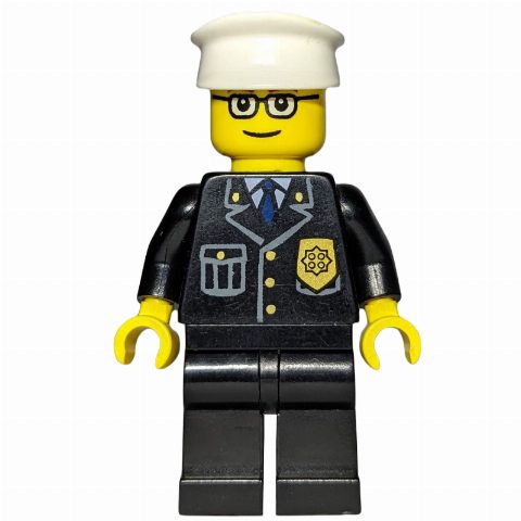 Minifigurka Policeman, Black Jacket with Pocket and Badge, White Hat, Glasses