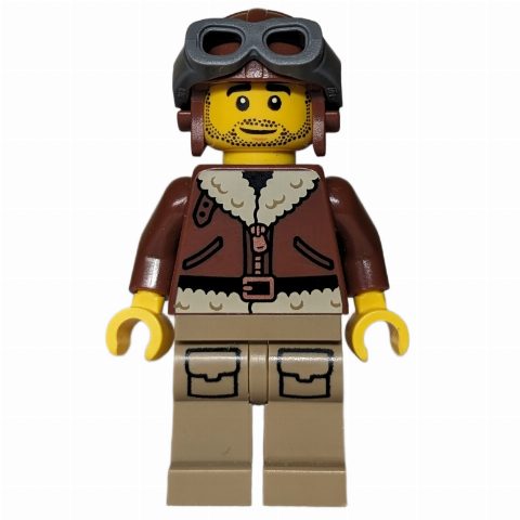 Minifigurka Pilot, Reddish Brown Torso, Dark Tan Legs, Reddish Brown Hat