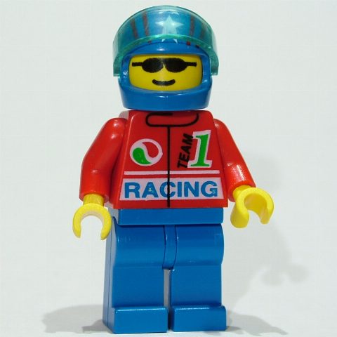 Minifigurka Driver - Red Torso, Blue Legs, Blue Helmet