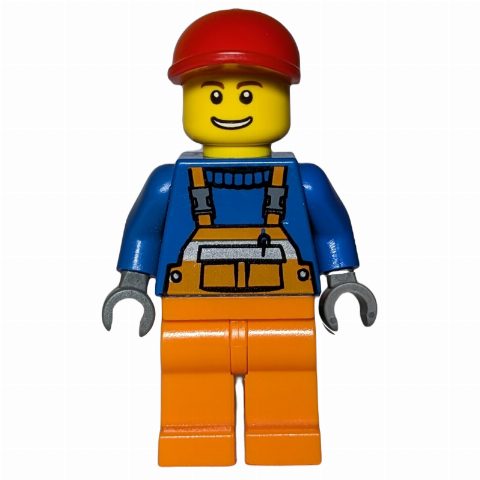 Minifigurka Construction Worker, Orange Overalls over Blue Sweater, Red Cap