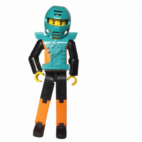 Minifigurka Technic Figure Orange/Black Legs, Orange Torso with Silver Print, Black Arms, Black Hair - Dark Turquoise Helmet