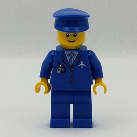 Minifigurka Pilot, Blue Jacket with Plane Logo and Blue Tie, Blue Legs, Blue Hat, Smile, Reddish Brown Eyebrows
