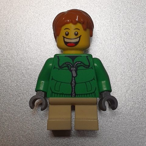 Minifigurka Boy, Green Jacket, Short Tan Legs, Dark Orange Hair