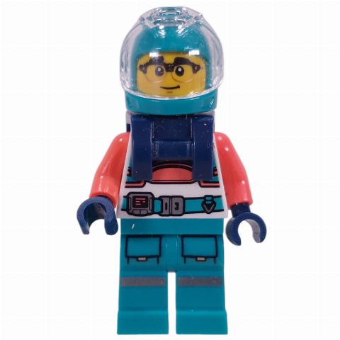 Minifigurka Astronaut, White/Coral Suit, Dark Turquoise Legs, Helmet, Dark Blue Harnass