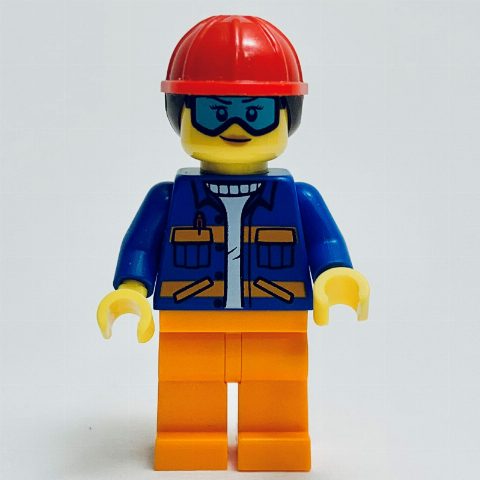 Minifigurka Construciton Worker, Blue Jacket, Orange Legs, Red Hard Hat with Dark Brown Hair 
