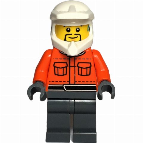 Minifigurka Pit Crew, Reddish Orange Torso, Dark Bluish Grey Legs, Male, Black Beard