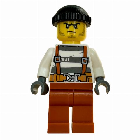 Minifigurka Criminal Barry Barrel, Prison Shirt with Suspenders and Belt, Black Hat