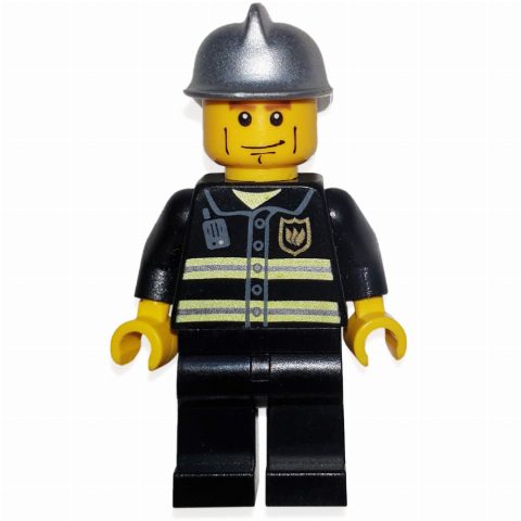 Minifigurka Fireman, Black Fire Jacket with Reflective Stripes, Radio, and Badge, Silver Helmet, Cheek Lines