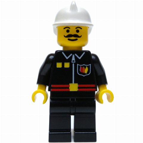 Minifigurka Fireman, Black Fire Jacket with Red Belt and Badge, White Helmet, Moustache