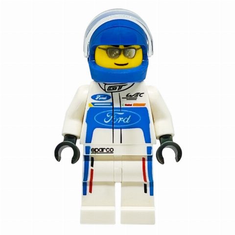 Minifigurka Race Driver, White Torso, White Legs, Blue Helmet, Ford