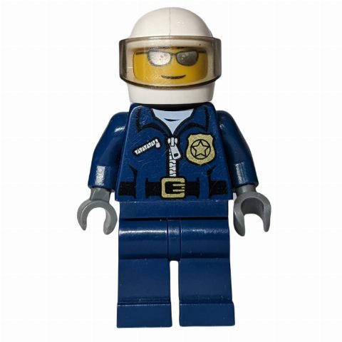 Minifigurka Policeman, Dark Blue Jacket with Zipper, Badge, and 'POLICE' on Back, White Helmet with Visor, Silver Sunglasses