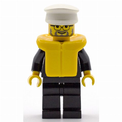 Minifigurka Policeman, Black Suit with Badge, White Hat, Life Vest, Glasses