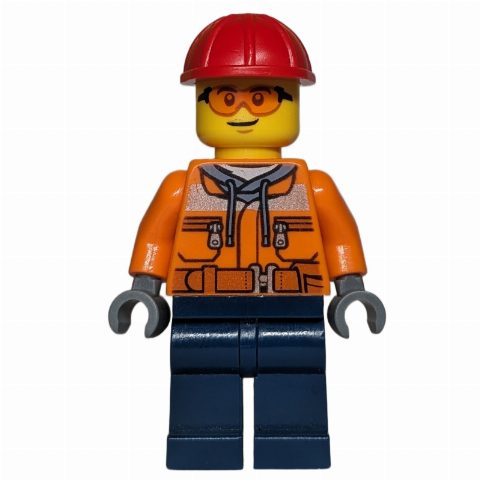 Minifigurka Construction Worker, Orange Safety Jacket, Dark Blue Legs, Red Hard Hat