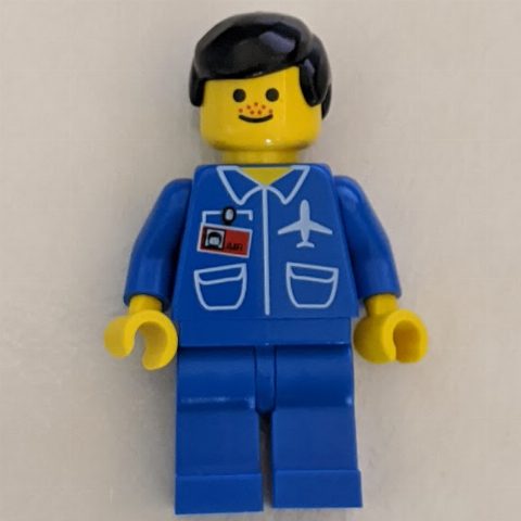 Minifigurka Ground Crew, Blue Jumpsuit with Plane and ID Badge, Black Hair