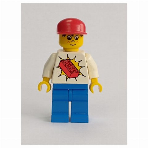 Minifigurka Man - White Torso with Red Brick, Blue Legs, Red Cap