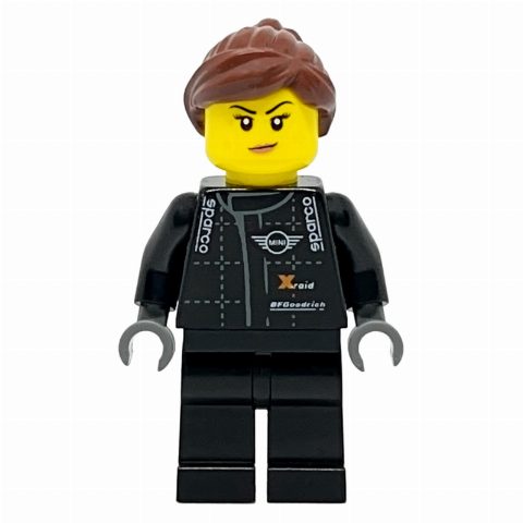 Minifigurka Race Driver, Black Torso, Black Legs, Reddish Brown Hair