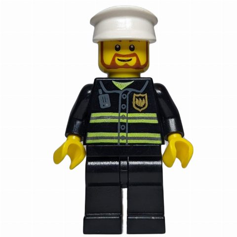 Minifigurka Fireman, Black Fire Jacket with Reflective Stripes, Radio, and Badge, White Hat, Beard